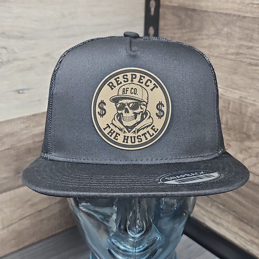 Respect The Hustle Skull Patch Black Trucker Snapback Hat Cap